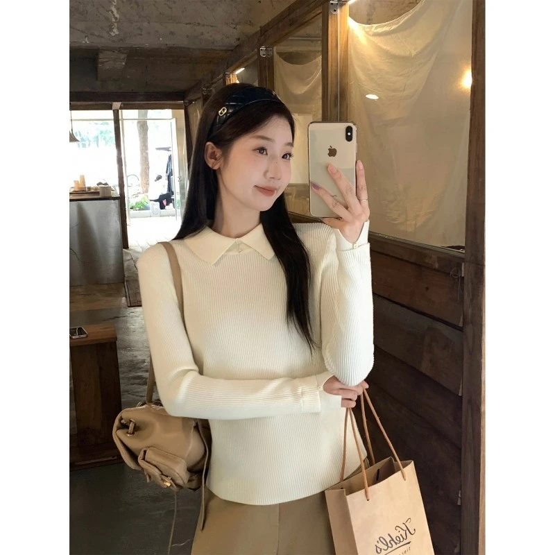 乌77气质杏色polo领打底针织衫女软糯百搭修身显瘦长袖内搭上衣冬