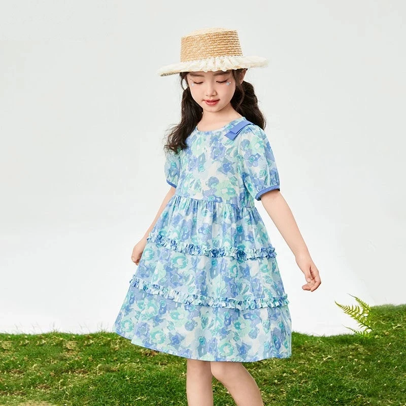 女童连衣裙2025夏季新款儿童甜美透气荷叶边碎花裙中大童公主裙子