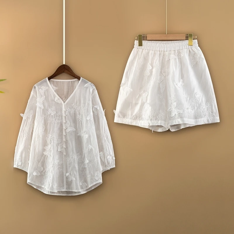 【蝶汐】夏季2025新款新中式国风套装女装宽松刺绣上衣+短裤两件套