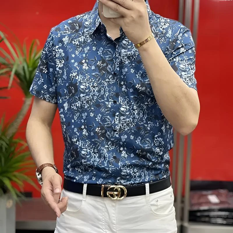 【专柜品质】2025夏季冰丝轻奢弹力短袖碎花衬衫男士衬衣袖休闲商务
