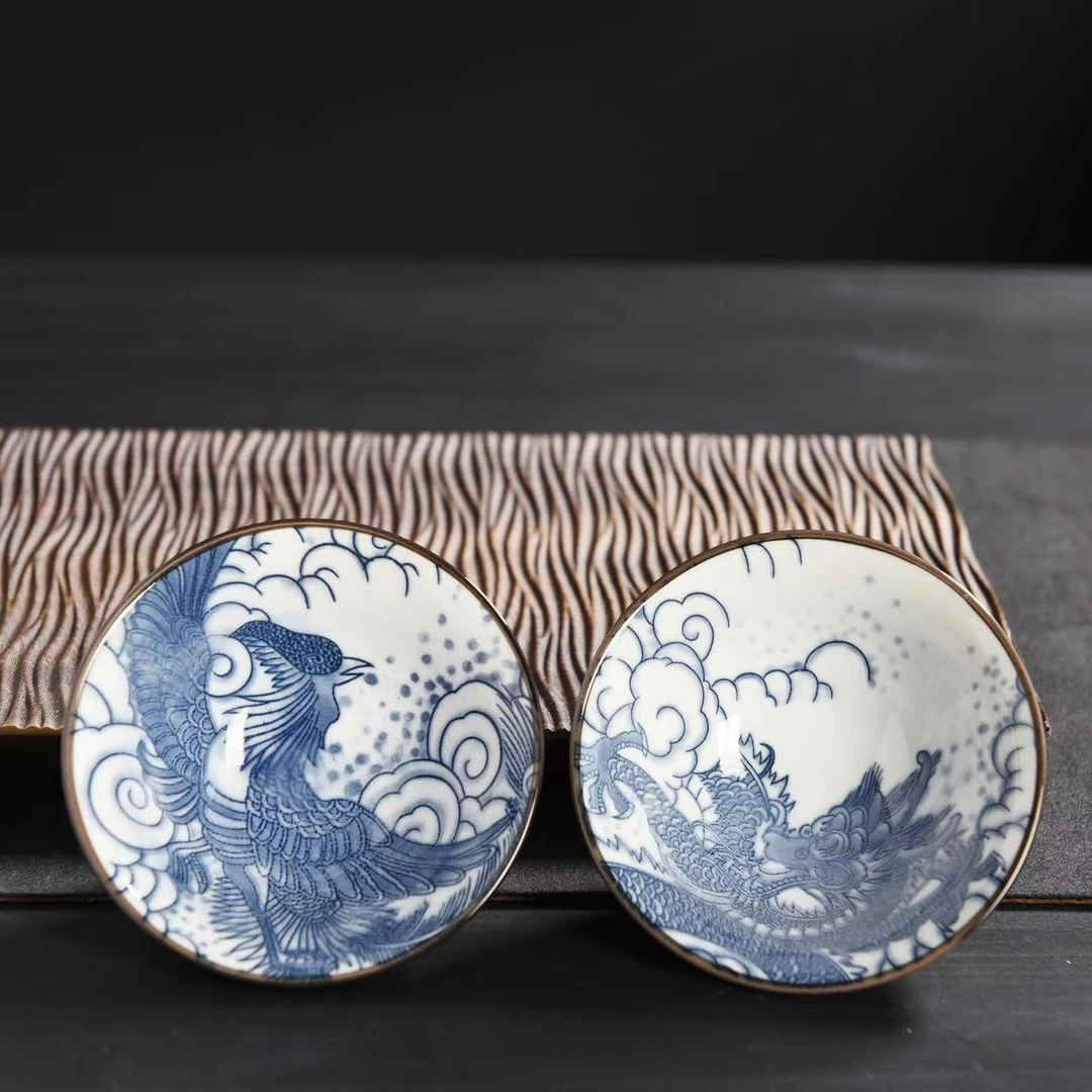 青花龙凤对杯居家无盖北欧风陶瓷斗笠杯