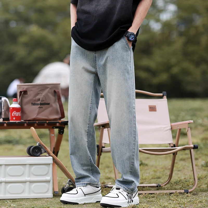 夏季超薄款牛仔裤男重磅水洗冰丝牛仔裤男2024休闲阔腿长裤宽松