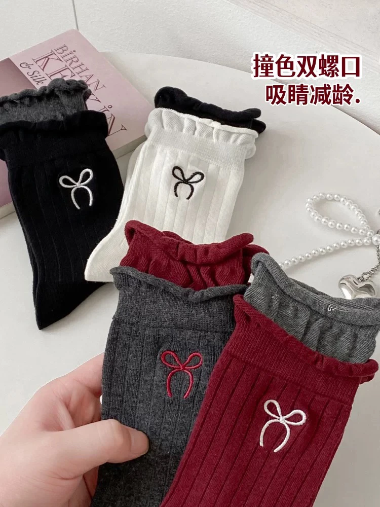 直播链接四季棉袜下单备注编码袜子撞色减龄蝴蝶结女袜黑色