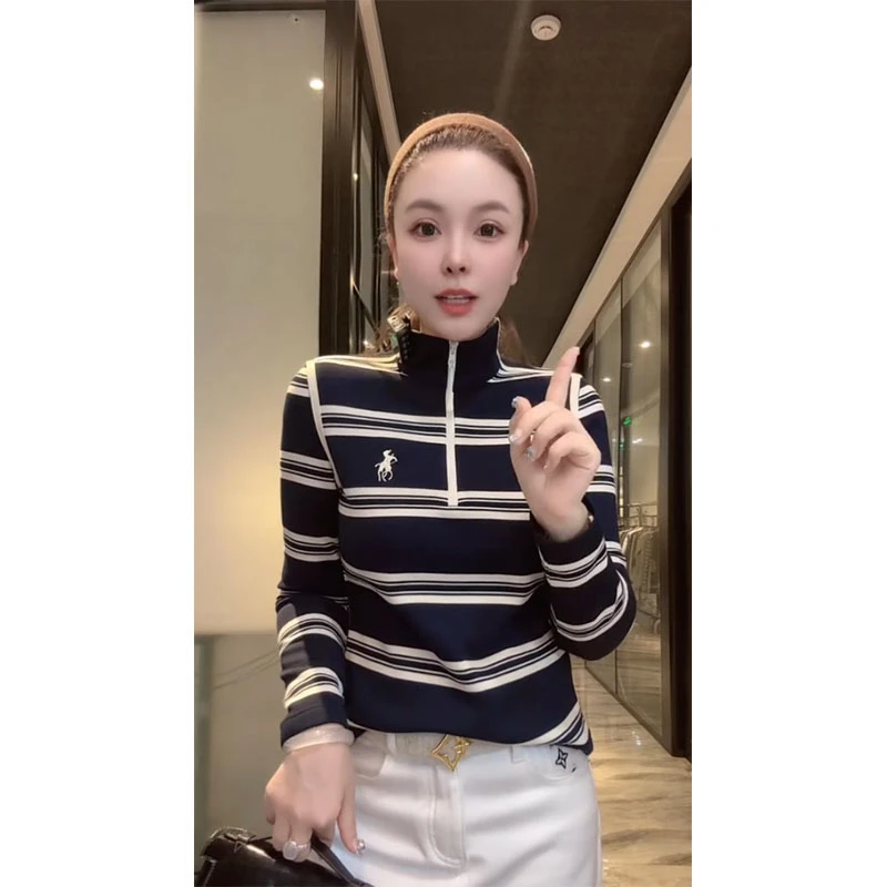 冬季新款欧货高品质半高领刺绣条纹正肩长袖t袖显瘦洋气百搭上衣