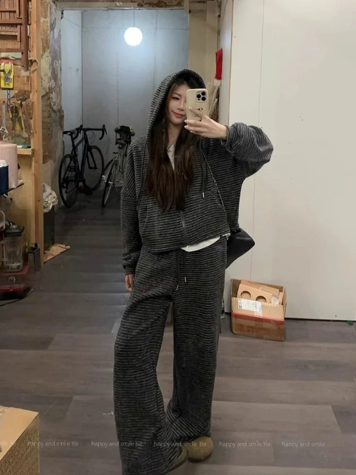 原版螺纹抓毛色织条 秋冬套装宽松连帽条纹外套阔腿裤长裤两件套