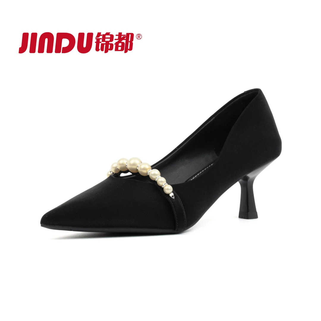JINDU/锦都中跟优质丝绒珍珠时尚百搭法式浅口套脚气质女神单鞋