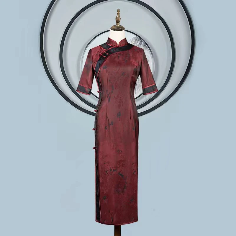 墨南 高端婚宴喜婆婆旗袍全开襟中国风女喜婆婆红色旗袍裙连衣裙