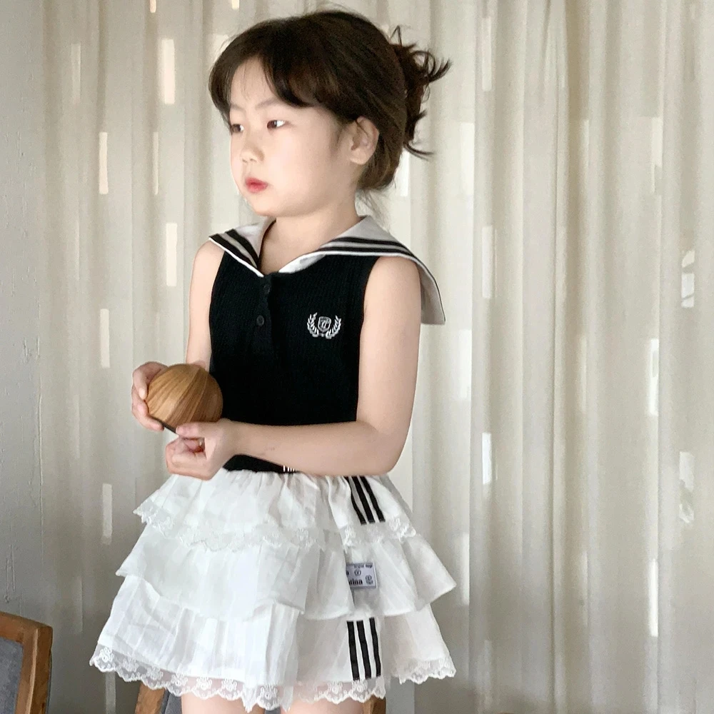 2025年夏季新款韩系童装套装海军领背心条纹蛋糕裙两件套