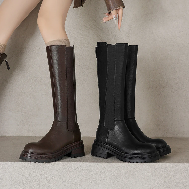 6cm 英伦风通勤休闲百搭粗跟高筒靴秋冬韩版简约风时尚小个子长靴