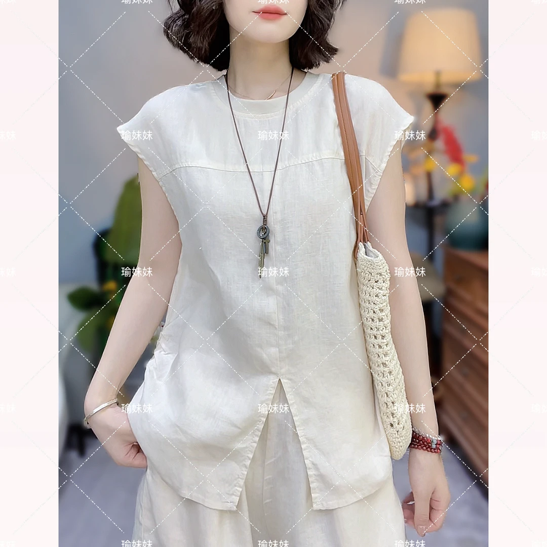 【瑜妹妹】夏季新款亚麻套装短袖T恤短裤女宽松下摆开叉纯色两件