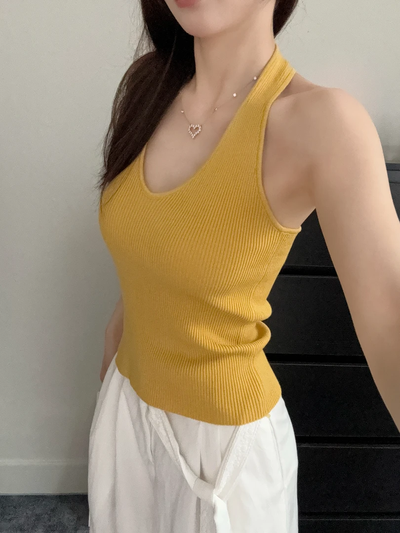 气质挂脖针织吊带背心显瘦设计露背无袖上衣