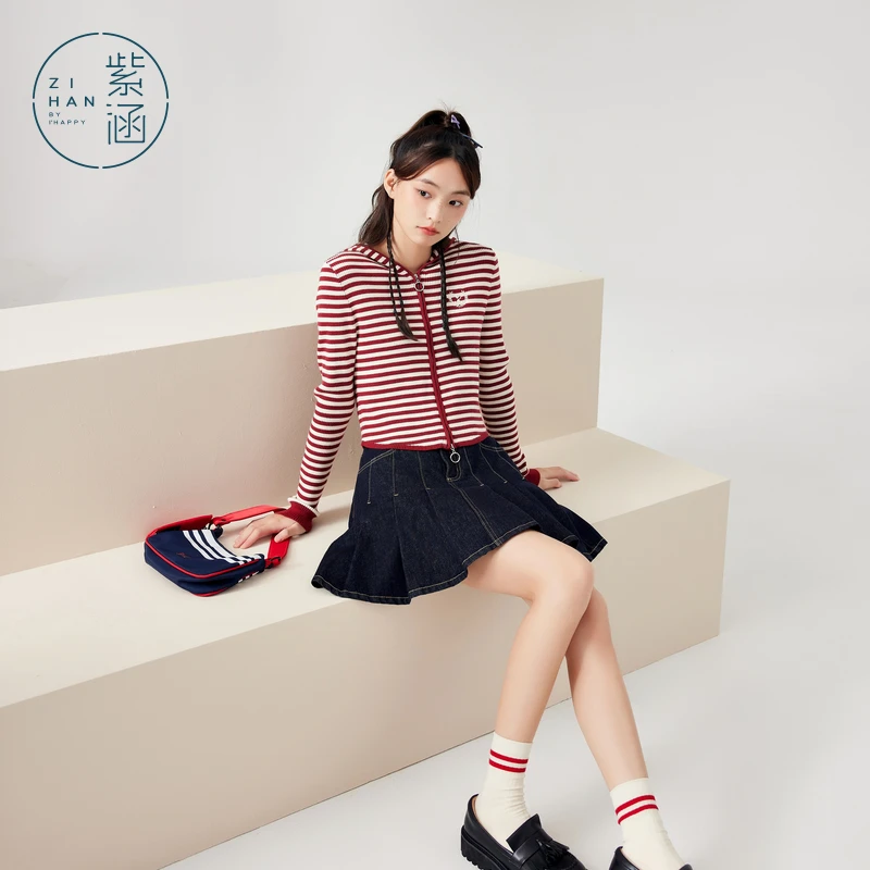 紫涵条纹拉链连帽针织开衫秋季修身毛衣外套Z4Z01BS292