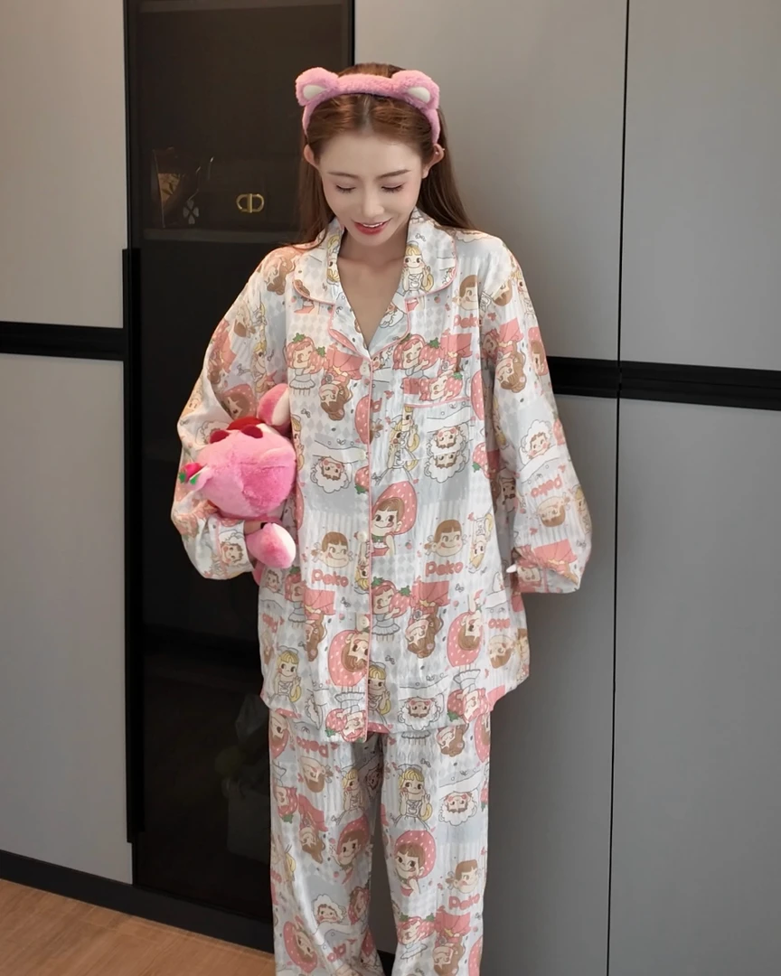 秋季印花长袖粉色少女家居服套装宽松卡通大码睡衣