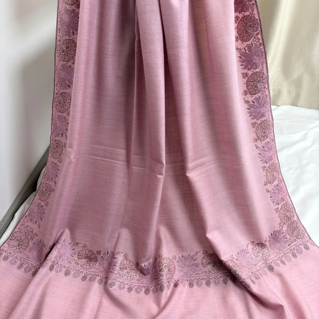 艺Kashmir Loom品牌pashmina羊绒克什米尔手工刺绣粉色四边框披肩