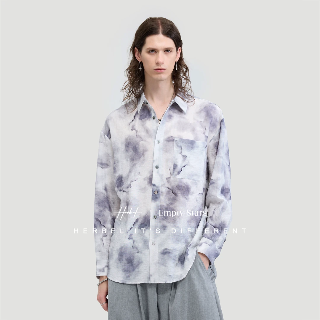 HERBEL/黑白2025春季亚麻抽象印花长袖衬衫休闲潮流日系衬衫户外