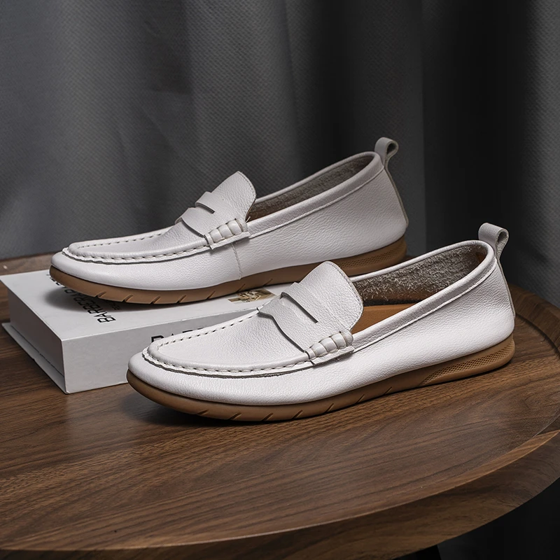 新款手工真皮头层牛皮圆头单鞋平底一脚蹬豆豆鞋鞋子潮流时尚舒适