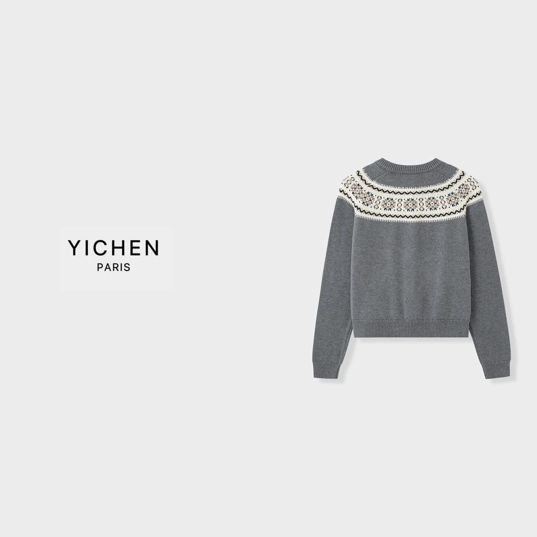 YC 深灰色费尔岛系列提花金属扣圆领针织外套-2983