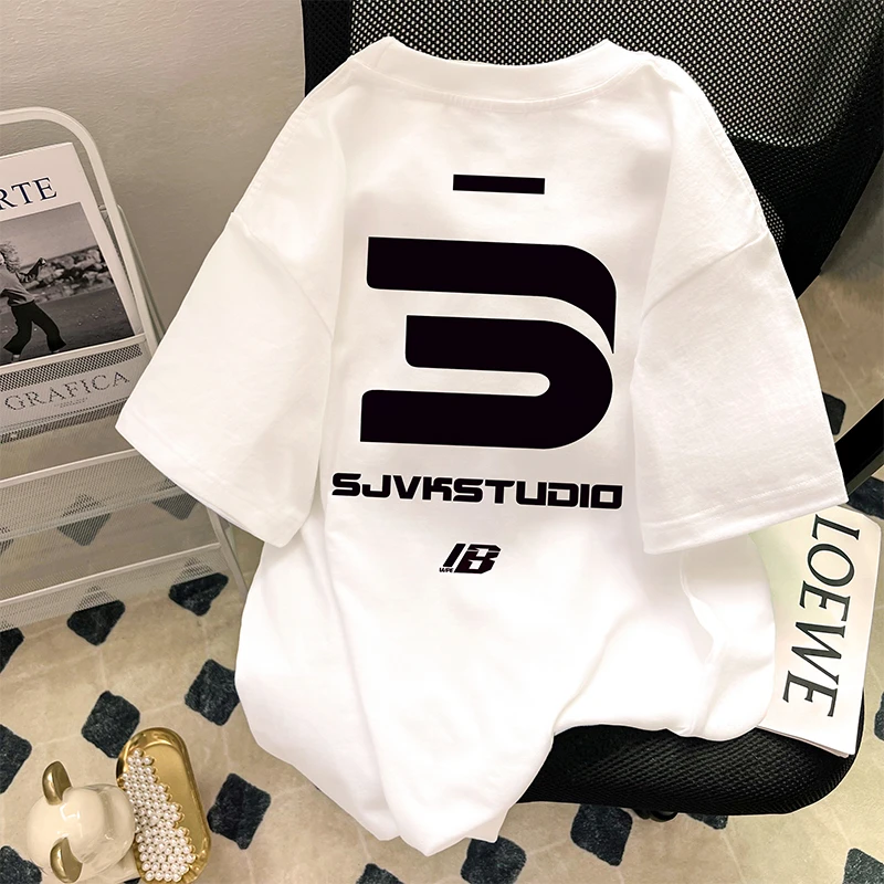 欧若运动风纯棉圆领宽松短袖T恤男夏季新款美式高街白色半袖上衣