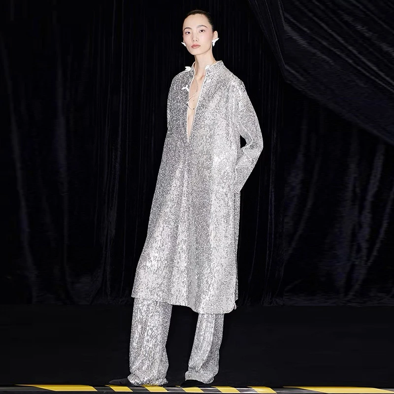 M essential 马 凯 波粼绣布宽松立领连衣裙长衫裤子