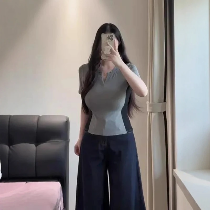 大码设计感撞色短袖t恤打底衫女夏季新款胖mm遮肉巨显瘦内搭上衣