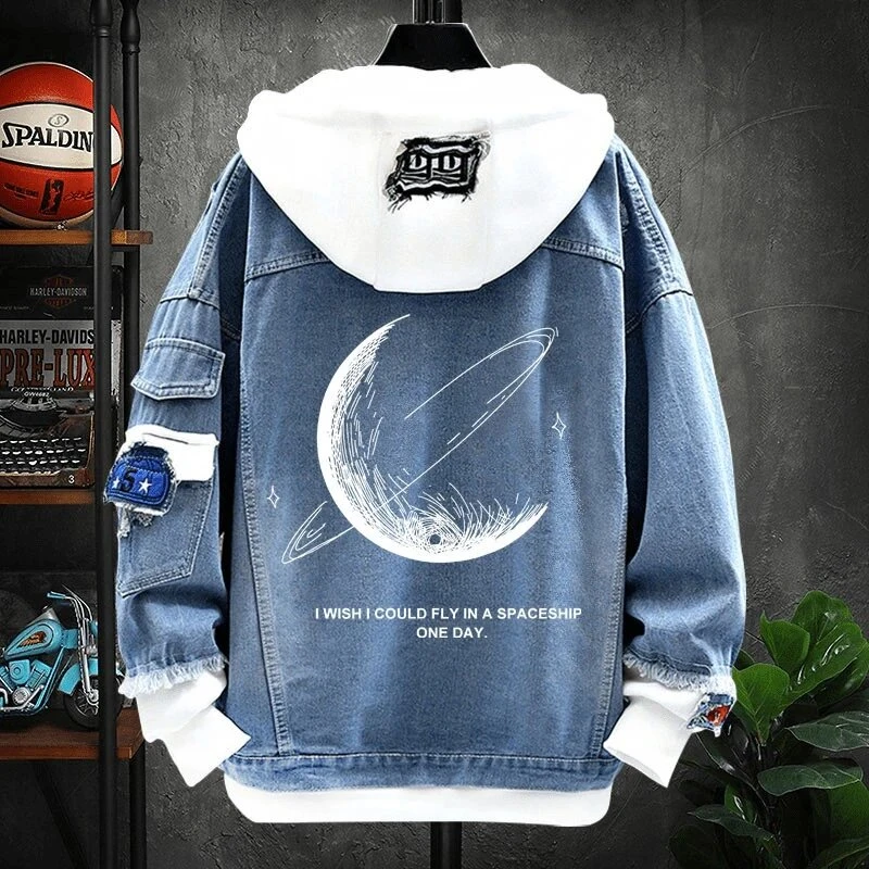 仓石一树春秋季新款连帽月亮牛仔外套男士潮牌休闲宽松假两件卫衣