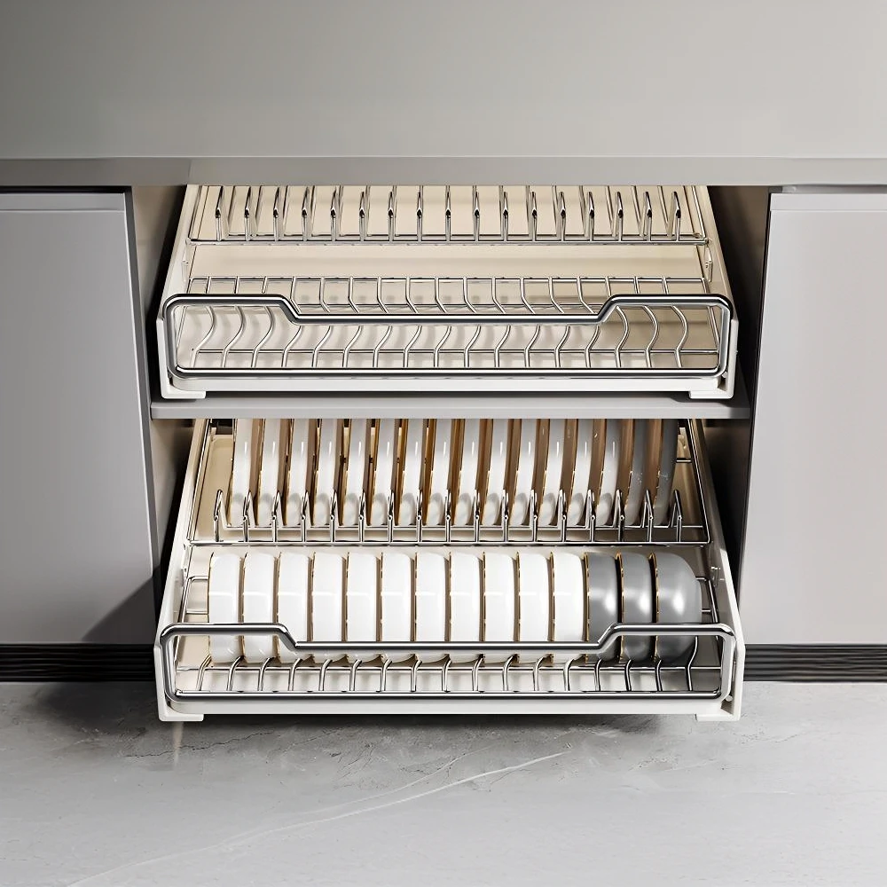 不锈钢碗碟收纳架滑轨式碗盘抽屉式橱柜拉篮内置沥水厨房置物架子