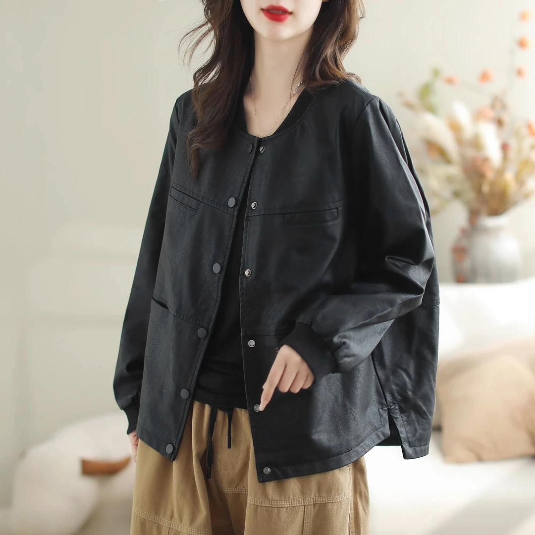 休闲小个子棒球领黑色显瘦2025春秋新款宽松pu皮衣外套女大码夹克