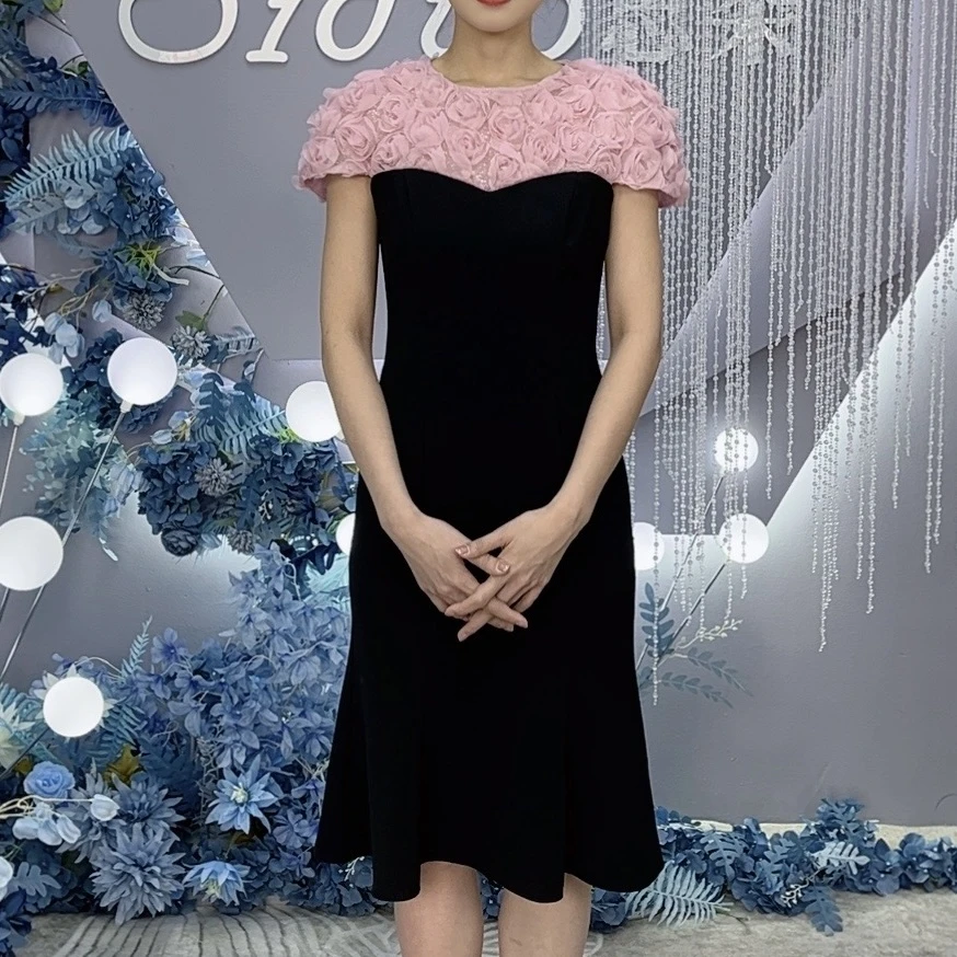 Y24303礼服裙女高腰花朵拼接修身夏季法式轻奢晚宴派对鱼尾连衣裙