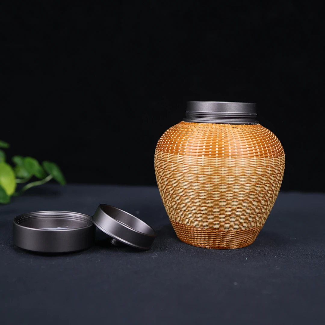 竹丝花编锡盖茶叶罐  纯手工茶叶罐手工禅意编织茶道具PY168-1