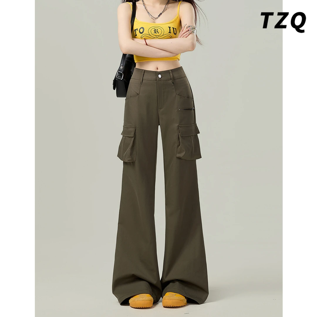 美式绿色高街微喇工装牛仔裤女秋季修身低腰显瘦喇叭裤TZQ2550308