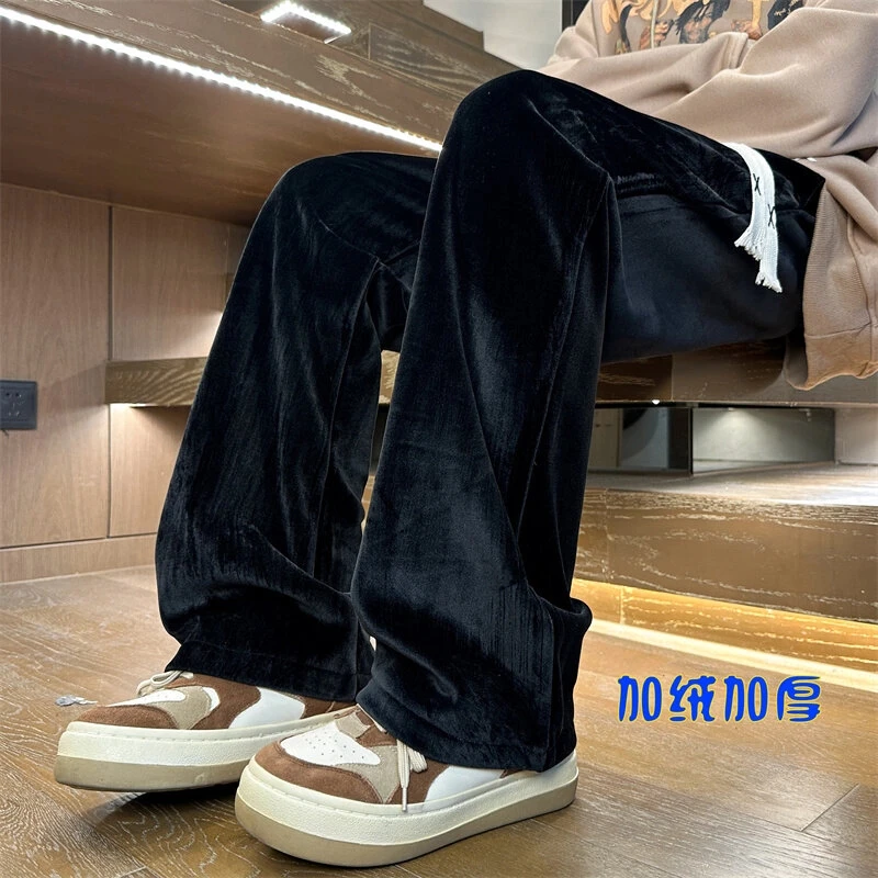 老钱风金丝绒裤子男春秋加绒加厚宽松直筒潮流复古大码阔腿休闲裤