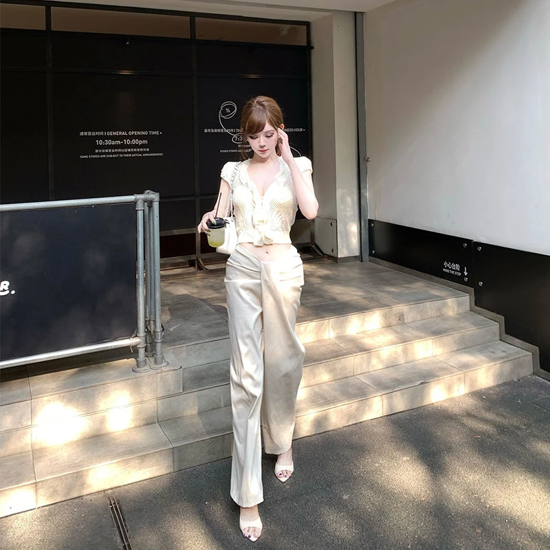 【浮云织梦】法式V领重工镂空针织衫纯欲短袖短款上衣中低腰阔腿裤