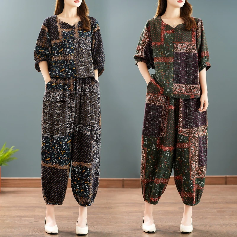 大码时尚休闲夏季复古宽松碎花民族风洋气减龄文艺女装妈妈装夏装