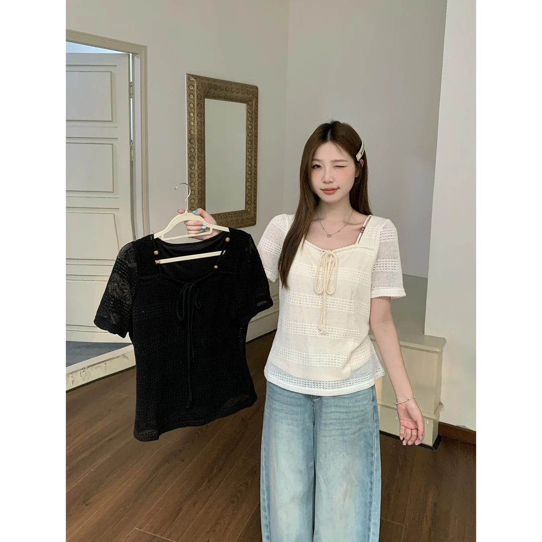 清2025夏季胖mm大码女方领镂空T恤设计感减龄系带上衣小衫64545