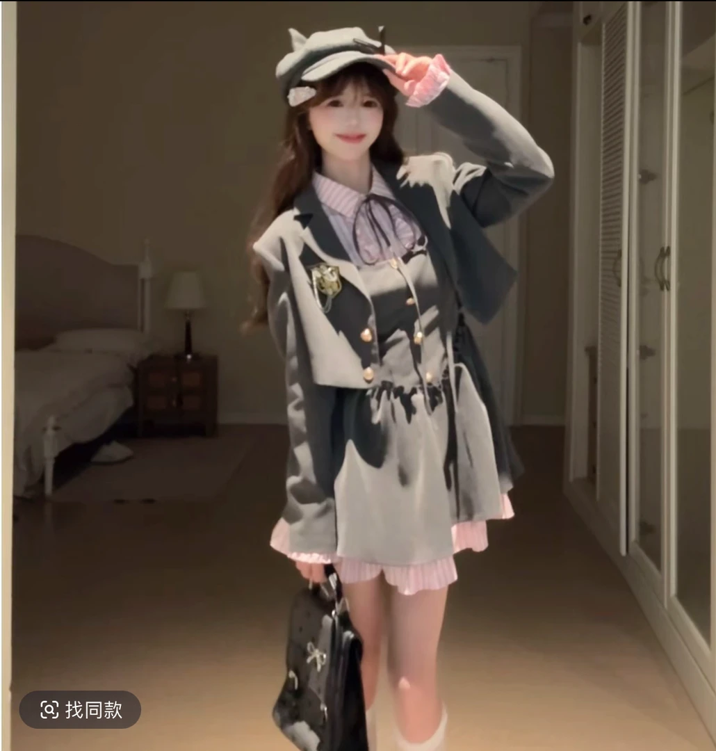 沃茨学院秋季新品少女学院风外套连衣裙