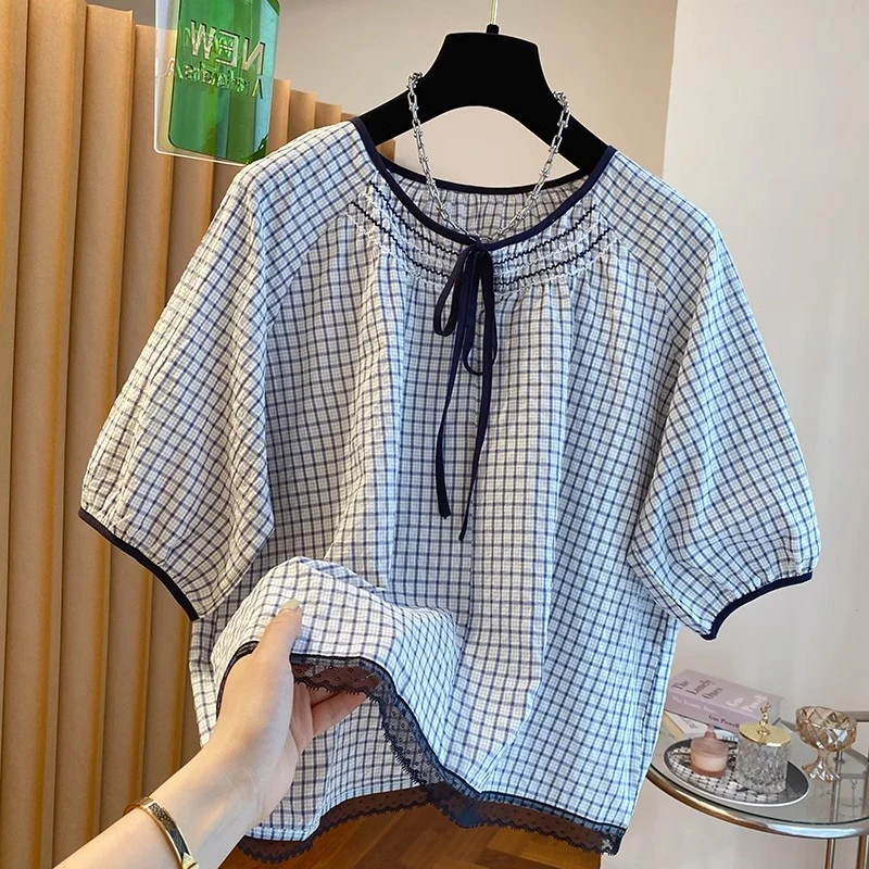 韩系格子娃娃衫上衣女短袖2025夏季新款宽松休闲减龄短袖衬衫上衣