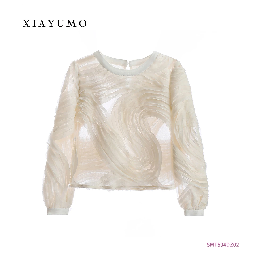 夏羽墨女童夏季新款白色长袖休闲百搭重工套头圆领肌理上衣