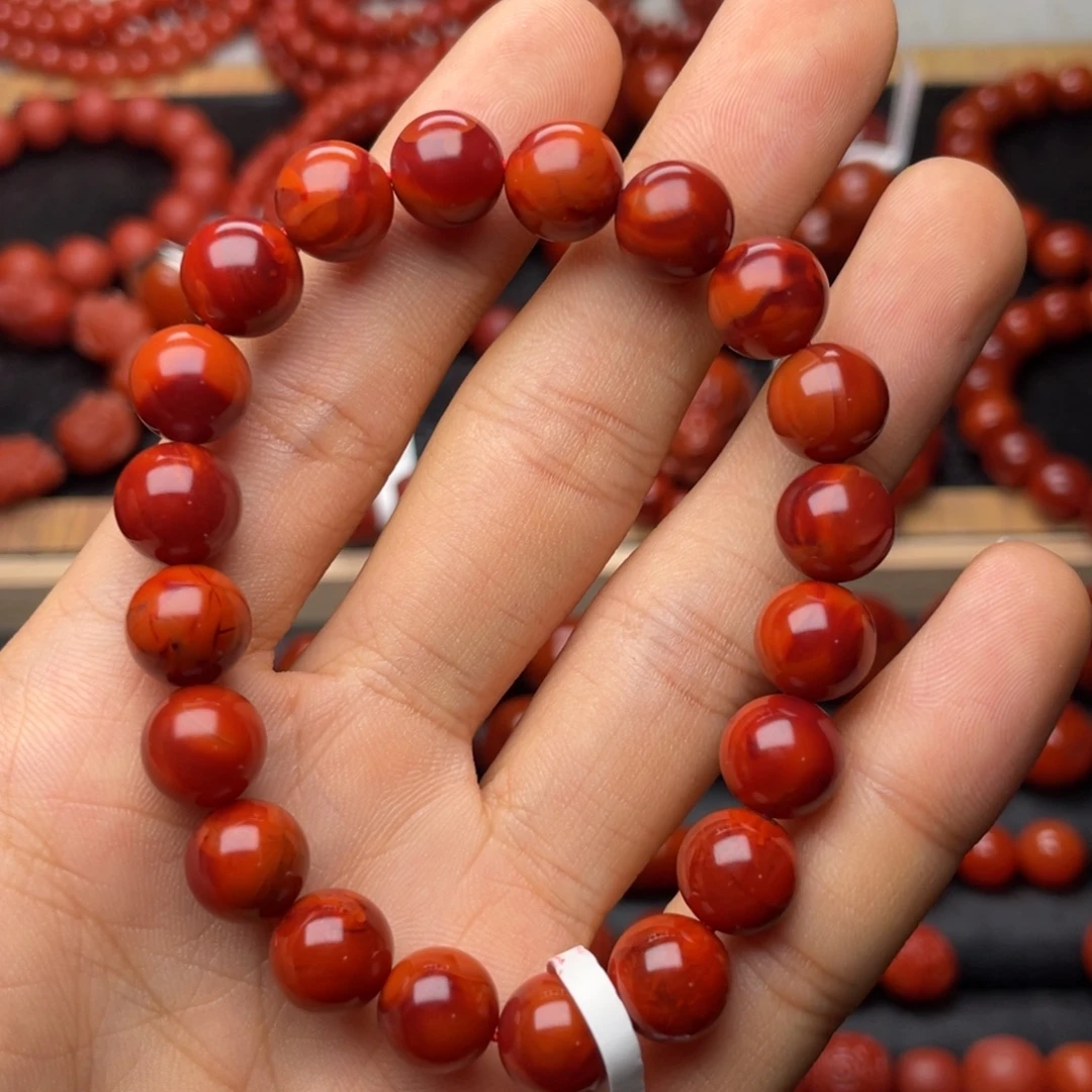 南红玛瑙未镶嵌手串H9.6mm顶品收藏满肉一念牛血火焰手串