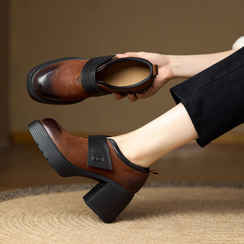 牛皮/8cm/春秋新款小个子增高跟鞋时尚百搭粗跟厚底真皮单鞋女鞋