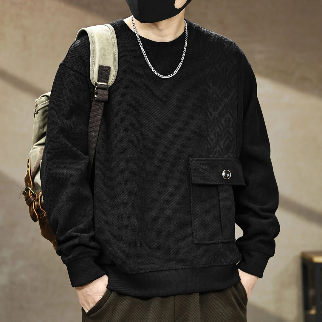 高端美式针织提花拼接口袋重磅卫衣男士秋冬潮流宽松加厚大码上衣