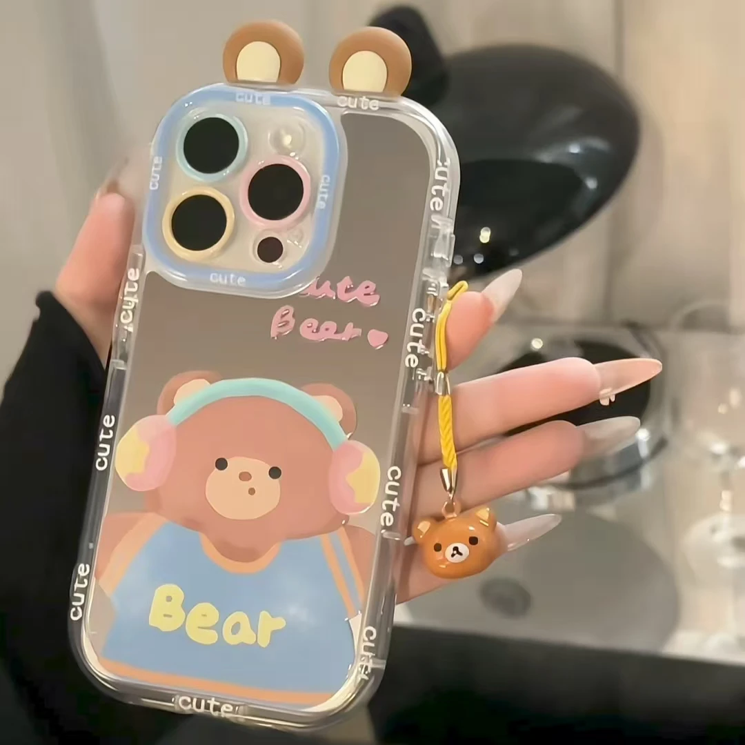 奶油镜面壳适用苹果/华为/小米/oppo/vivo卡通耳机小熊防护手机壳