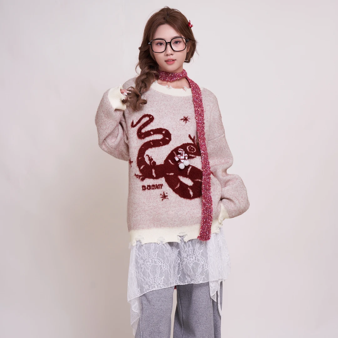 Dookii重磅北极绒亲肤舒适“搞怪小蛇”破坏工艺毛衣慵懒氛围感