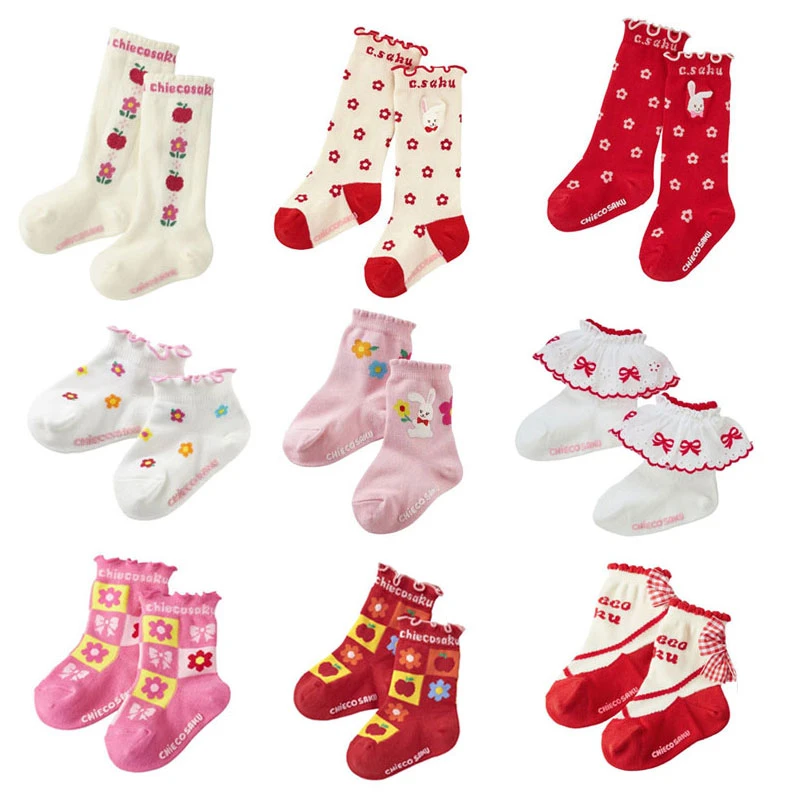 miki童装日系公主风花朵镂空蝴蝶结刺绣花边袜宝宝袜子红色中筒袜