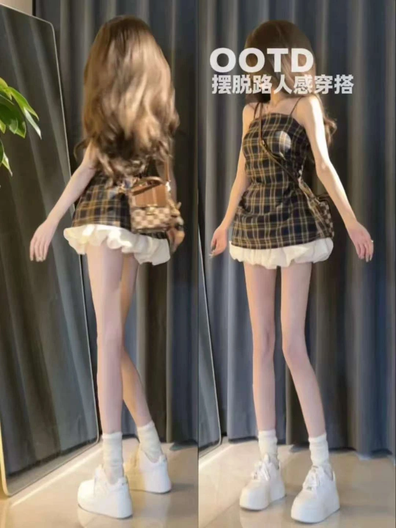 夏季时尚一整套女装2025新款复古辣妹格子吊带上衣蓬蓬裙两件套