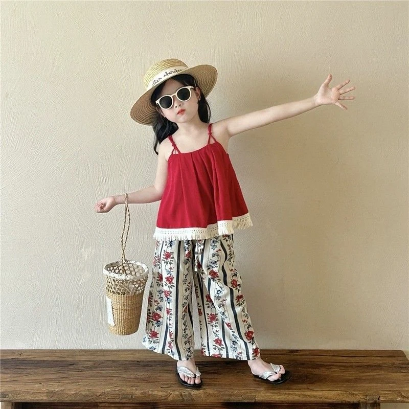 女童夏季套装2025年新款女宝宝韩版宽松吊带上衣碎花阔腿裤两件套