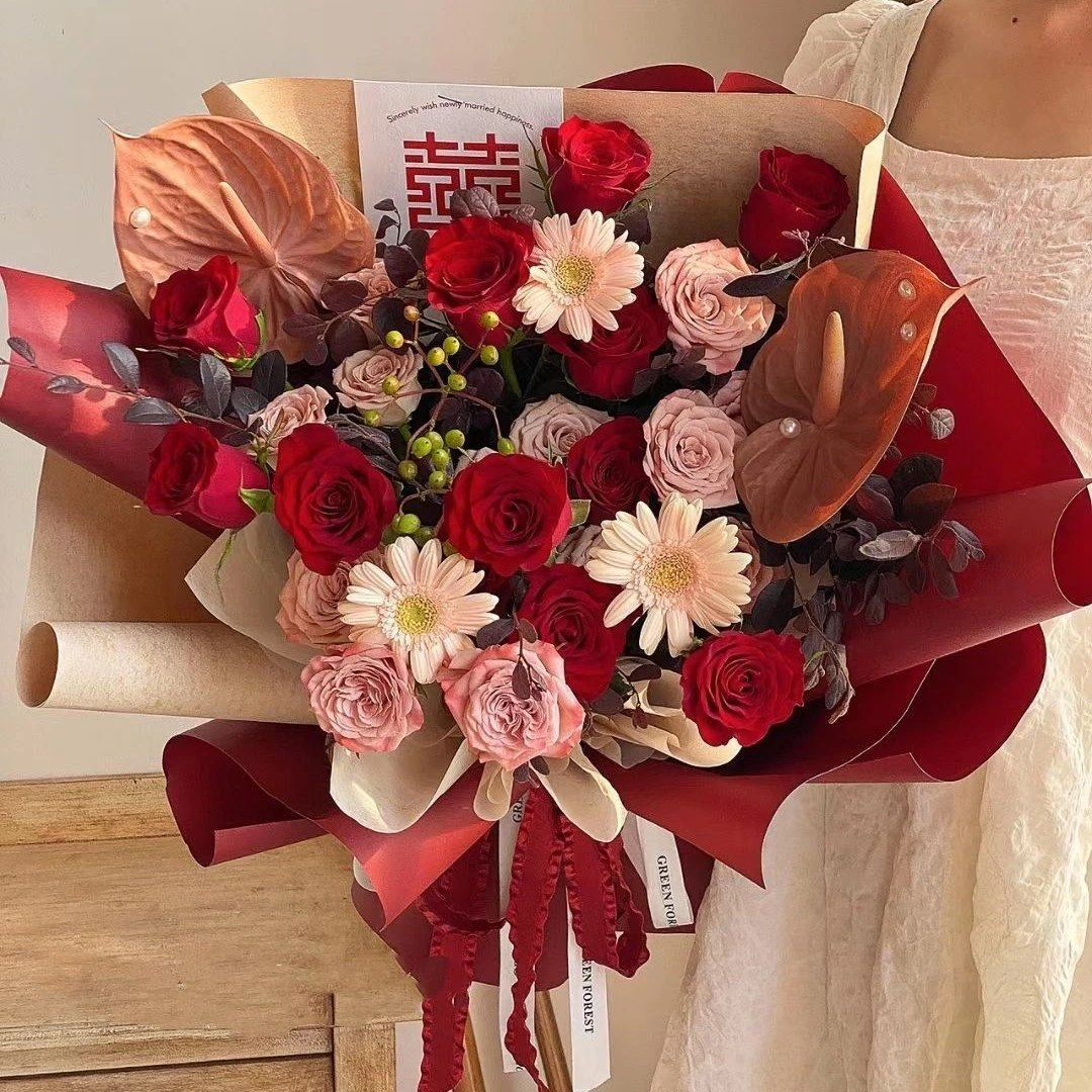 鲜花店鲜花配送【笑口常开】高级感卡布奇诺红玫瑰混搭花束生日礼物鲜花配送上门花店送花上门