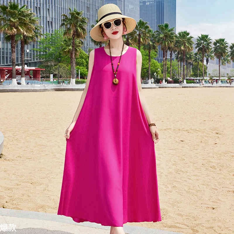 新款夏季纯色棉绸连衣裙女气质高端休闲无袖背心裙海边度假沙滩裙