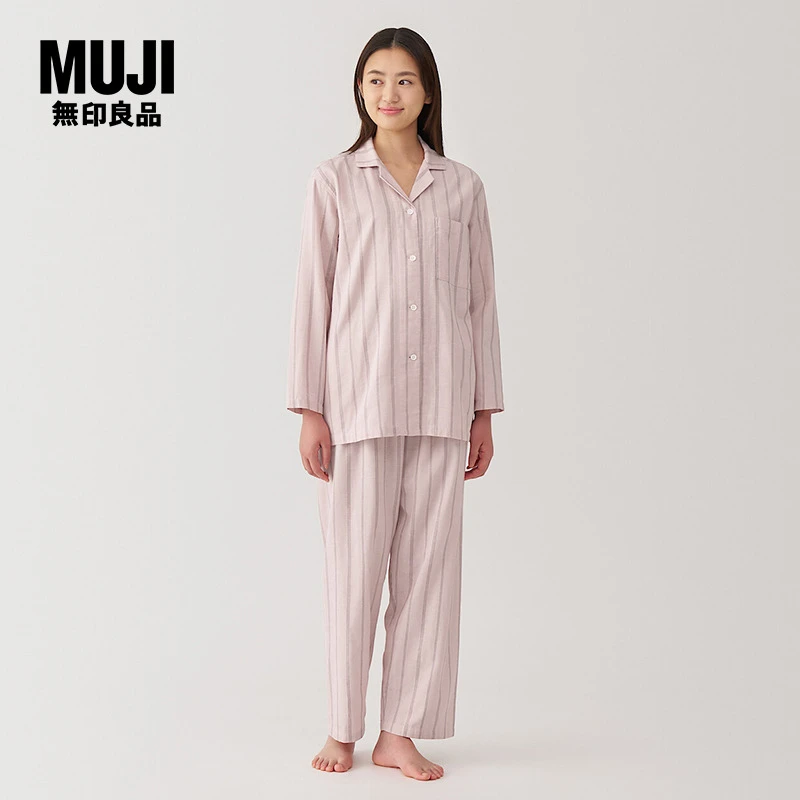 无印良品 MUJI 女式无侧缝双层纱织睡衣条纹格纹长袖秋季