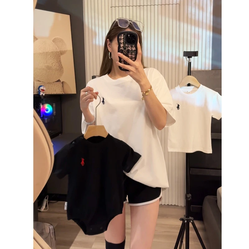 [刺绣小马]亲子装纯棉黑白简约纯棉t恤一家三口四口婴儿爬服夏季