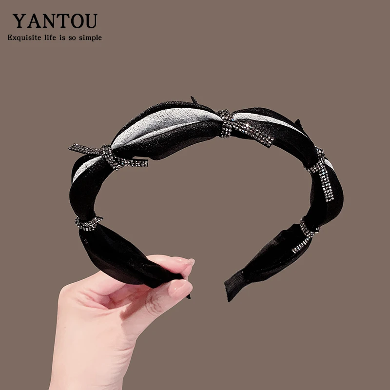 日韩高级感水钻闪亮布艺蝴蝶结发卡撞色发箍气质蓬松压发头箍发饰